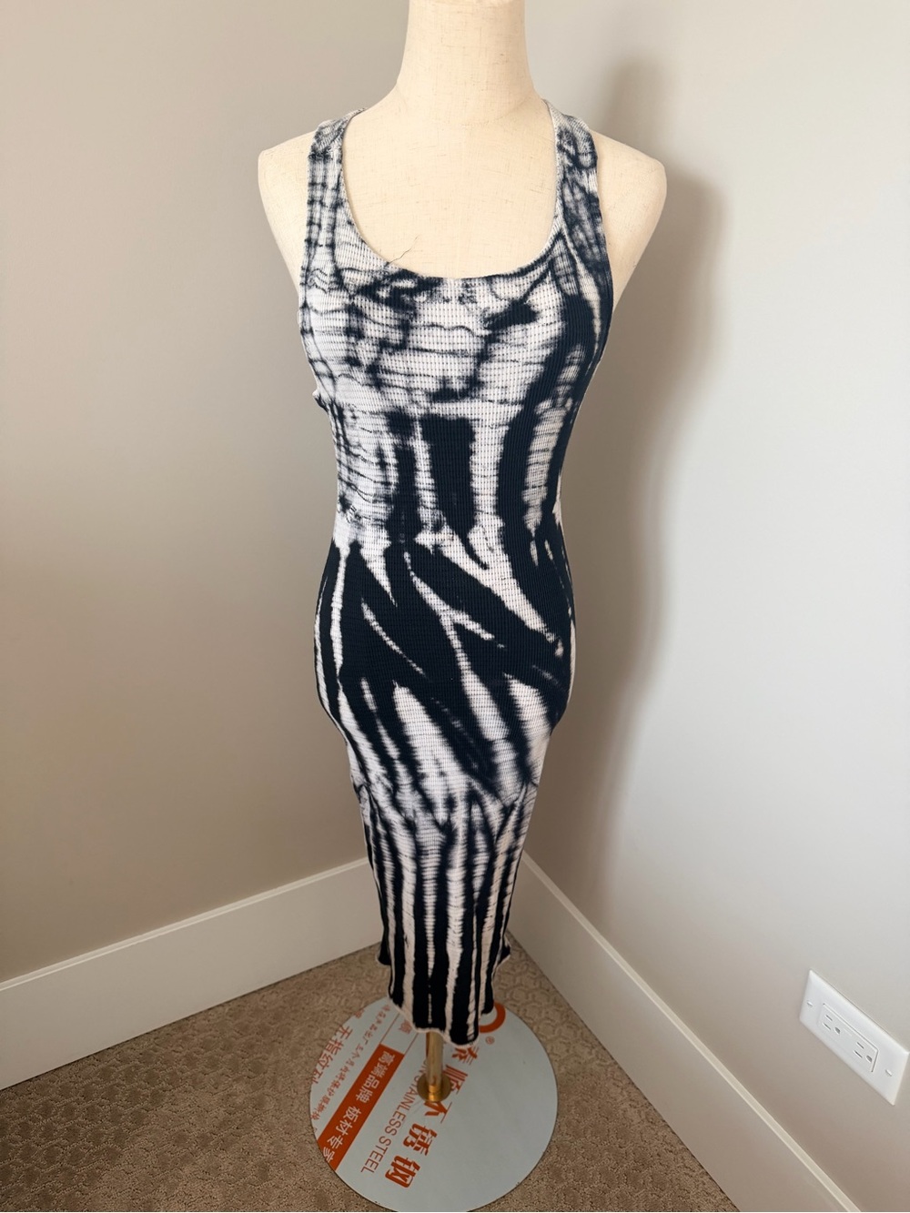 Black & White Tie-Dye Ribbed Tank Dress - Women